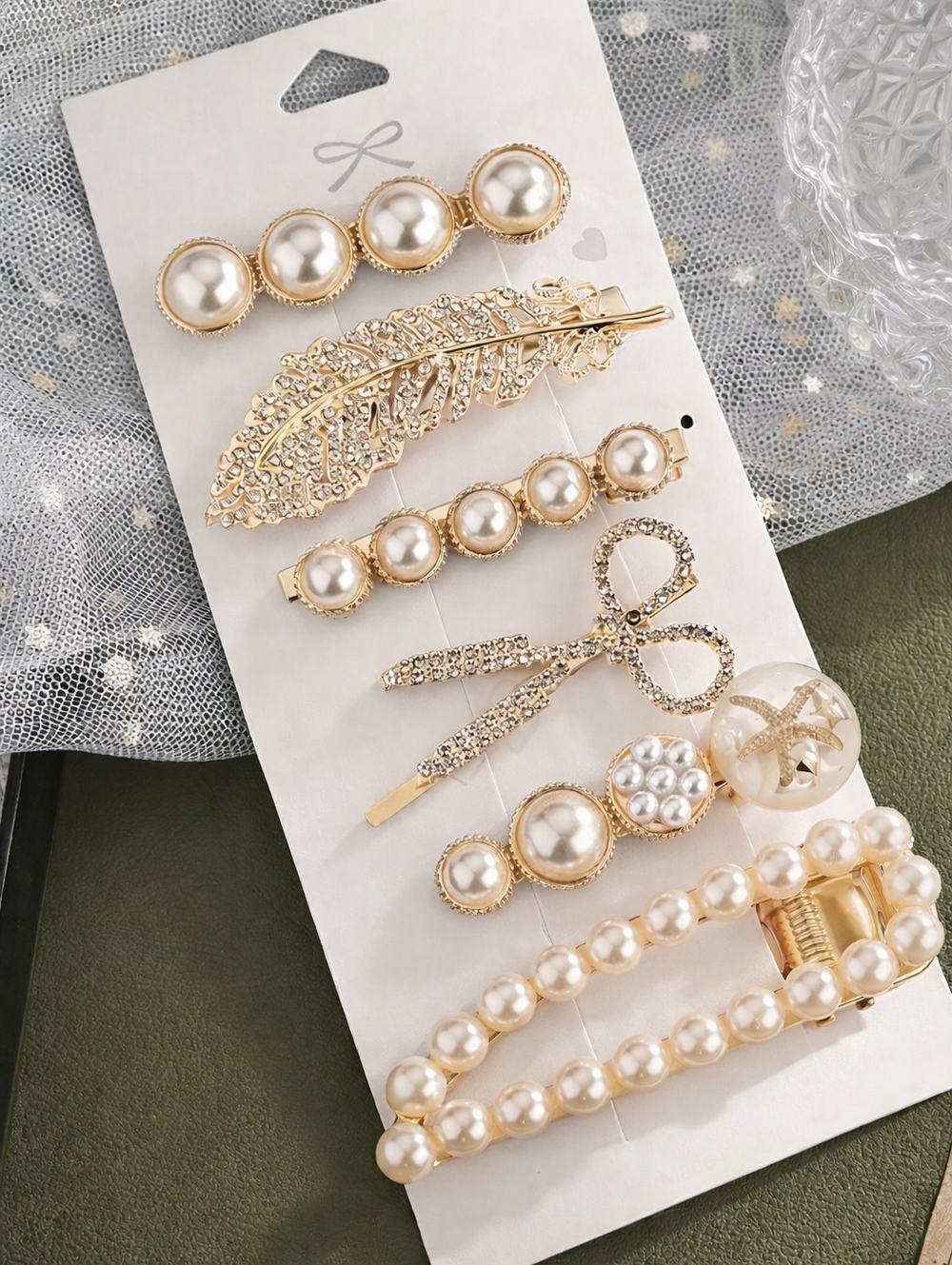 Set Of 6 Pearl & Rhinestone Decorative Hair Clip Set Feather Scissors Starfish